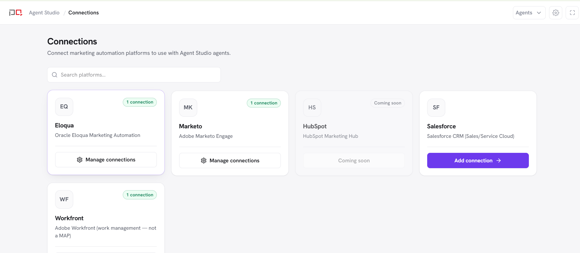 Connections page with platform cards and connected instances