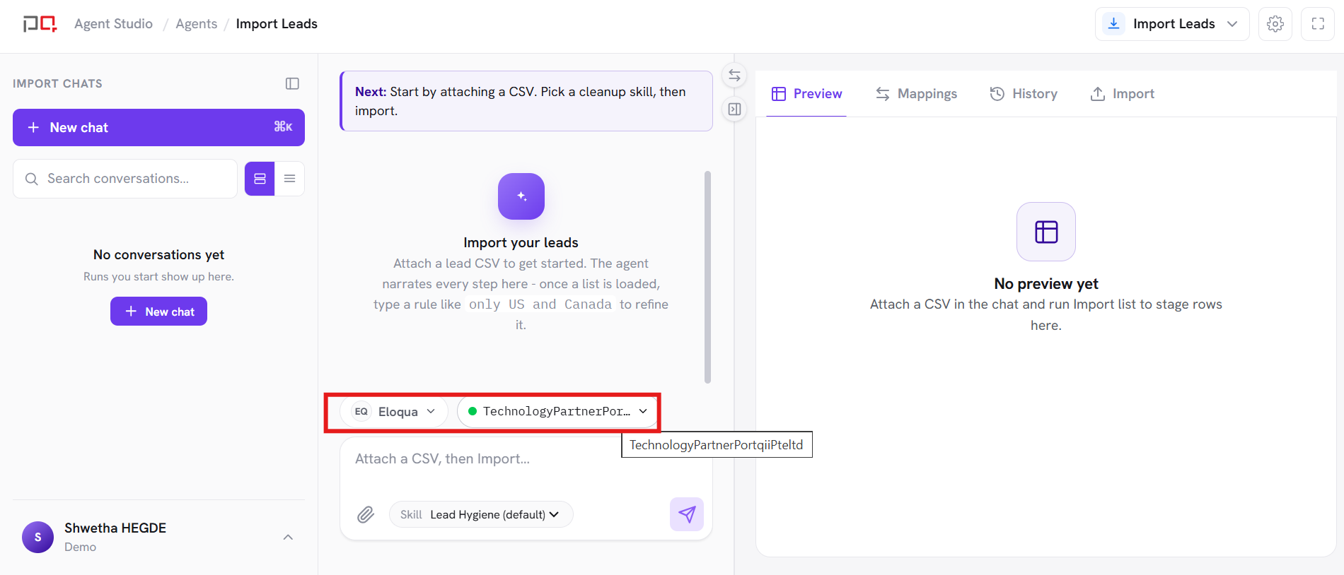 The connection picker above the chat box