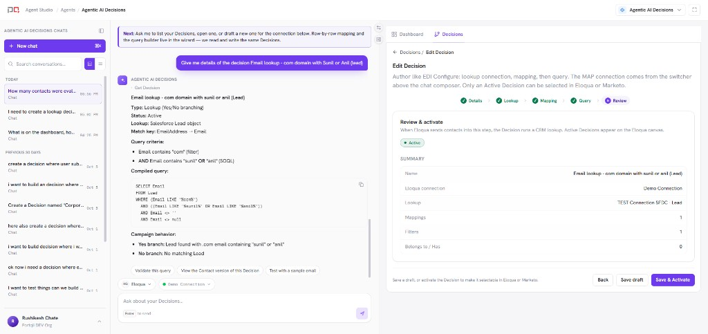 Decision wizard Review step with Save draft and Save and Activate