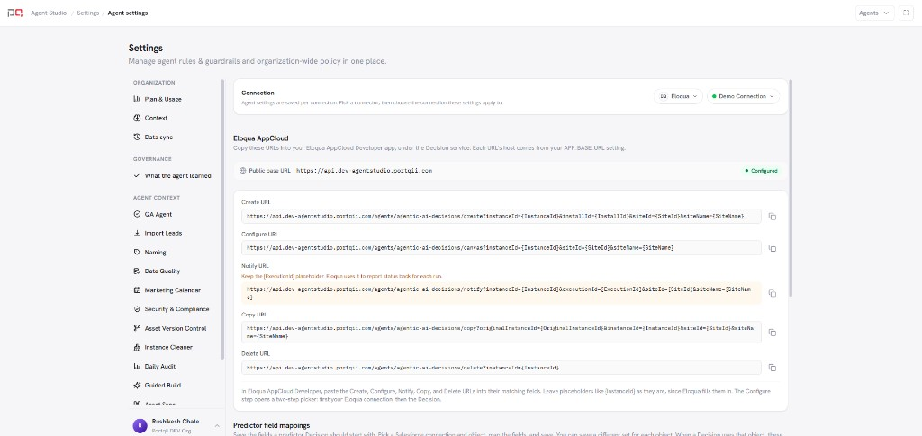 Agentic AI Decisions settings showing AppCloud Decision URLs for Eloqua