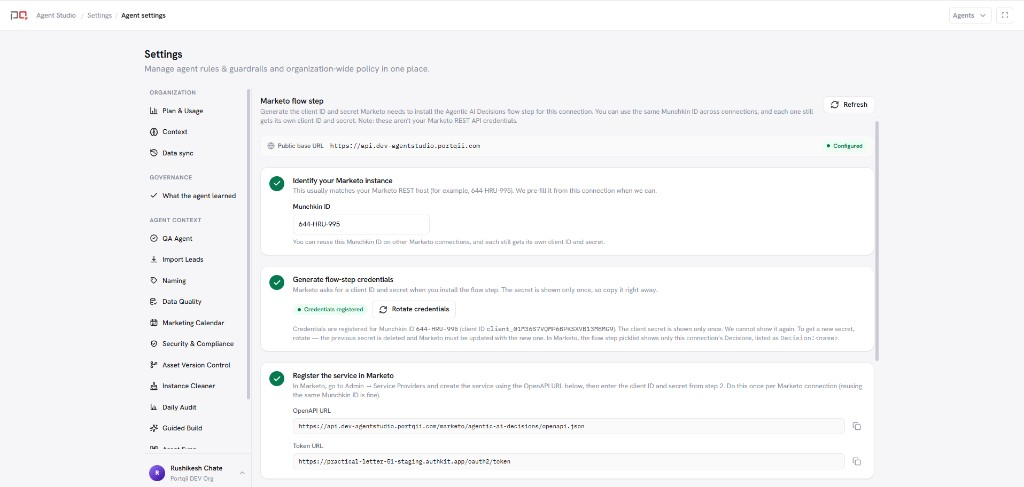 Agentic AI Decisions settings showing Marketo flow-step install credentials