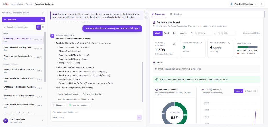 Agentic AI Decisions workspace with chat and the Dashboard panel