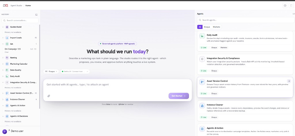 Agent Studio Home with Asset Version Control in the agents list