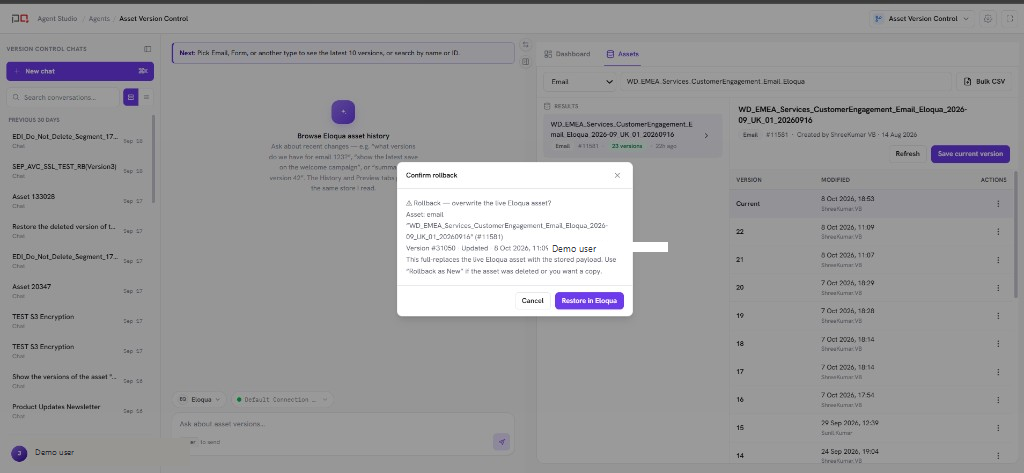 Rollback confirmation dialog shown before a version is written back to Eloqua