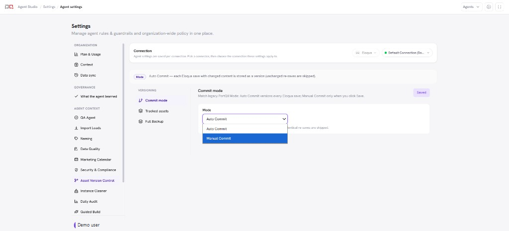 Asset Version Control settings with commit mode, tracked asset types and Full Backup