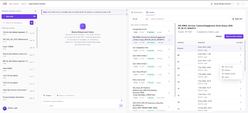 Assets tab with an email version timeline and a saved version previewed