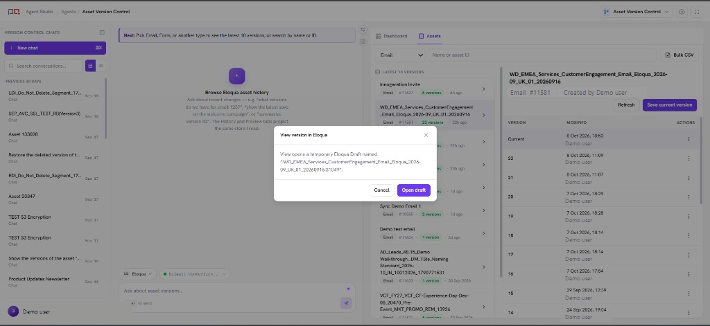 View version dialog before opening a temporary Eloqua draft