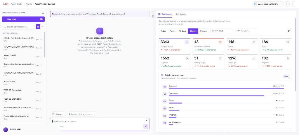 Asset Version Control workspace with chat on the left and the Dashboard tab in the panel