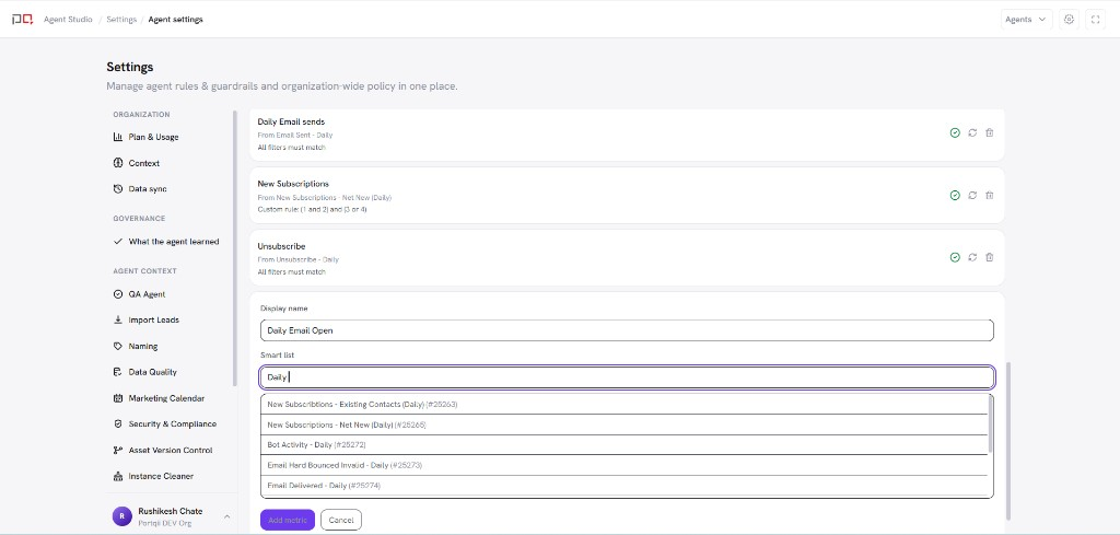 Custom metrics on a Marketo connection with smart-list metrics and their ready status