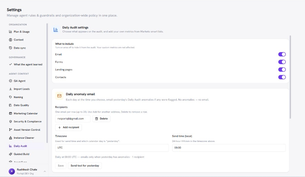 Daily Audit settings with a connection selected, coverage toggles and anomaly email