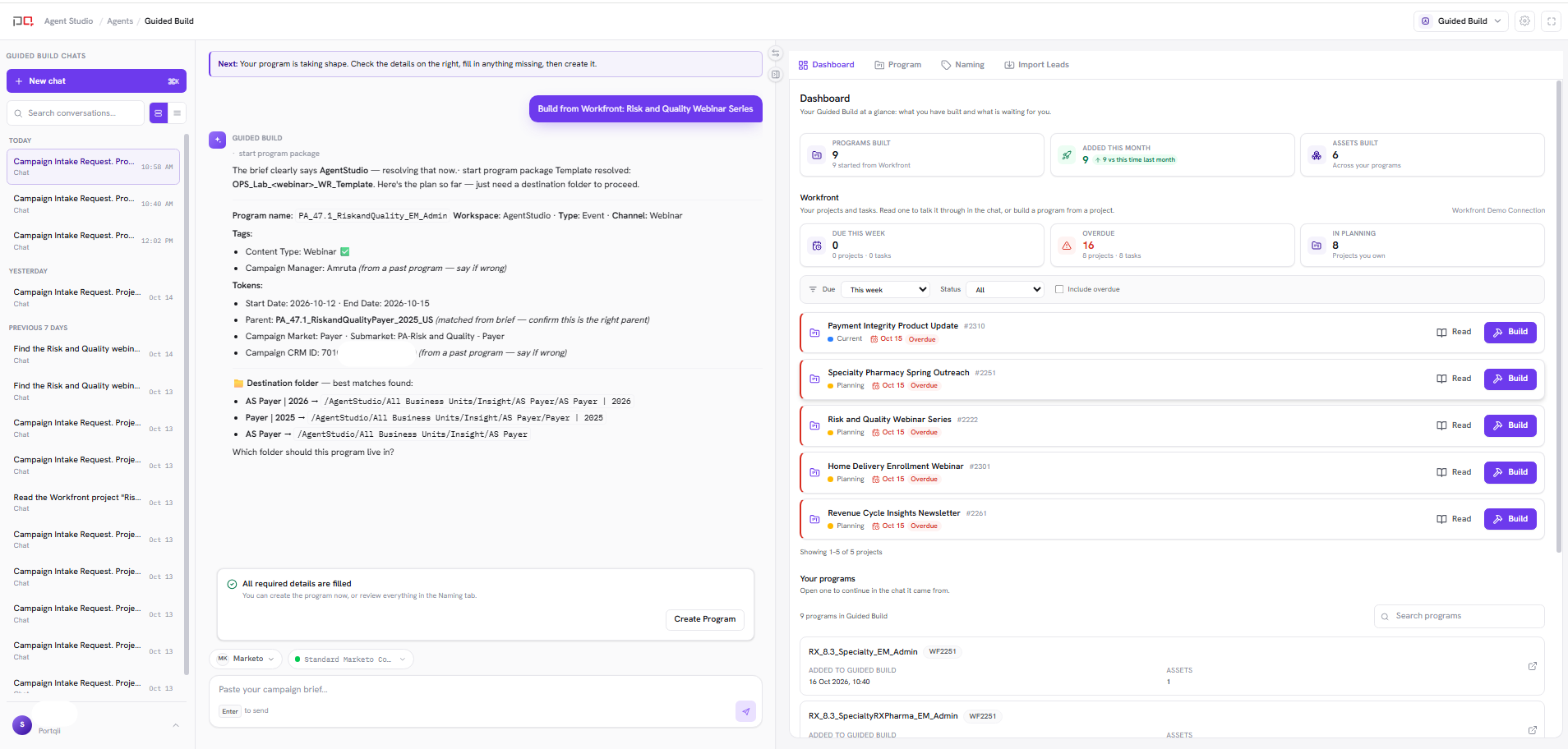 Guided Build workspace with a brief in chat and the program panel