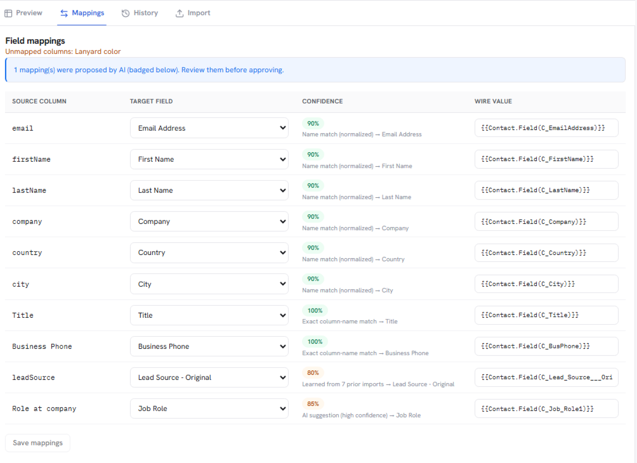 Mappings tab matching CSV columns to MAP fields