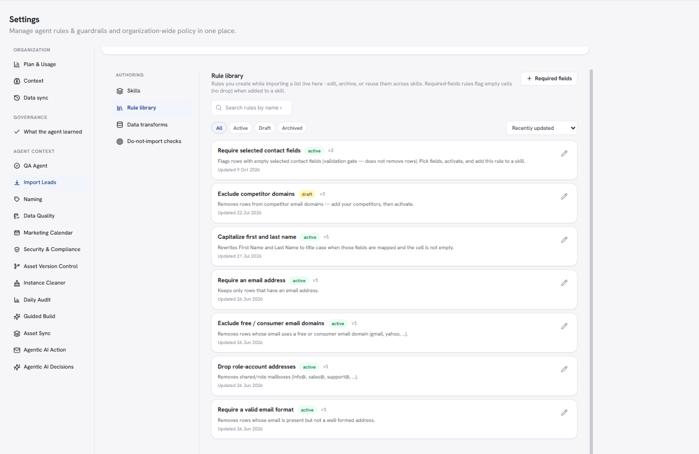 Import Leads Rule library with saved cleanup rules