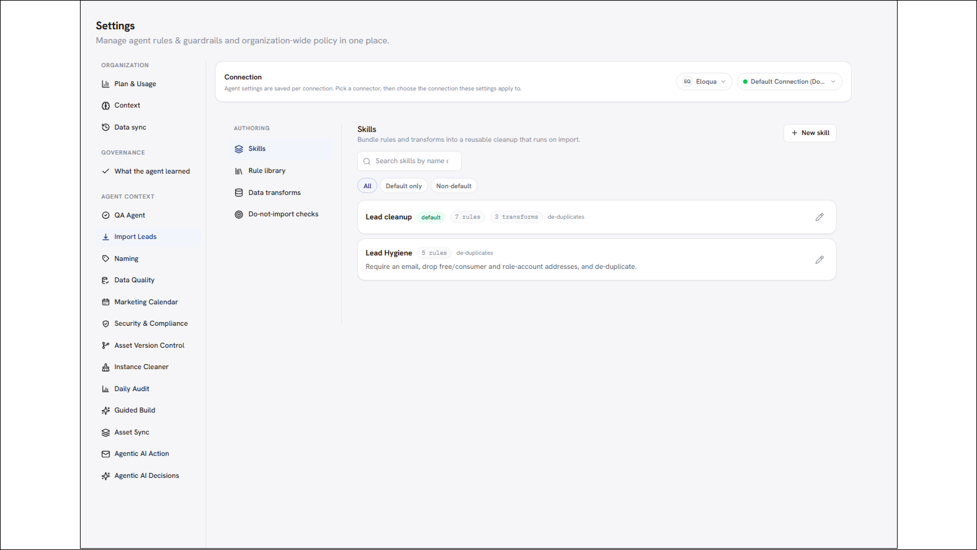 Import Leads settings Skills tab for the selected connection