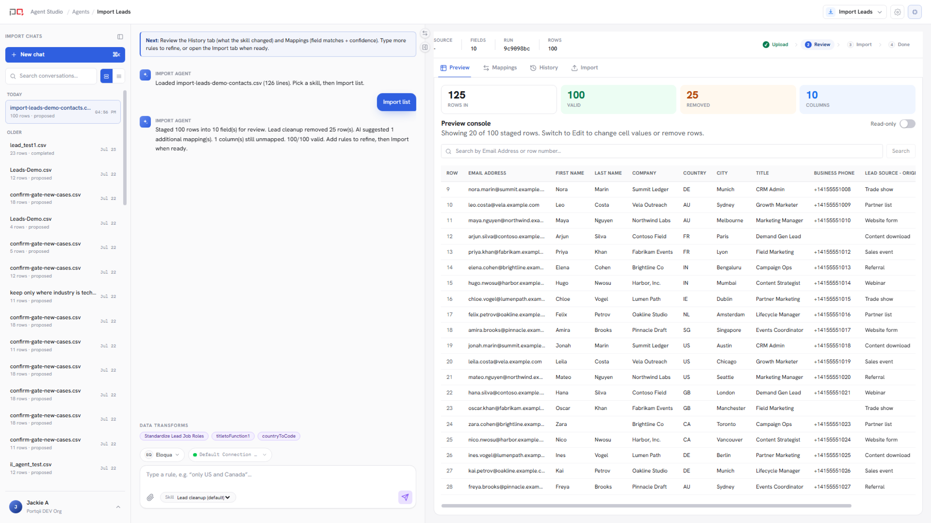 Import Leads workspace with chat and the import panel