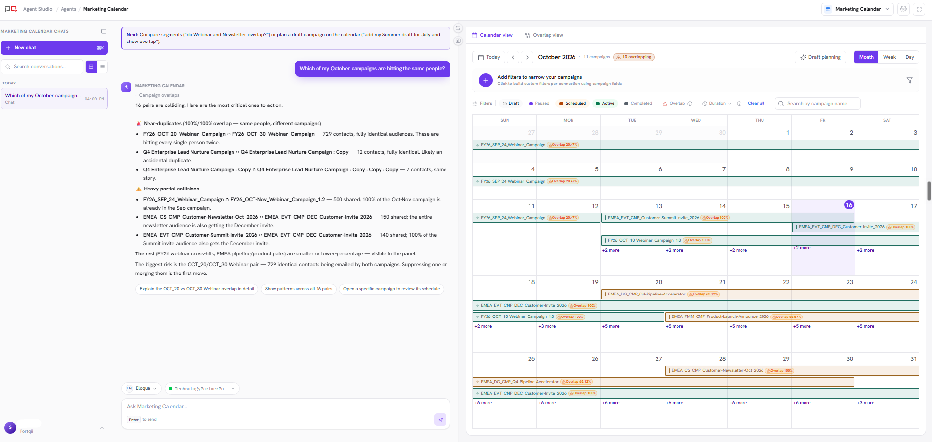 Marketing Calendar workspace with chat on the left and the campaign calendar panel on the right
