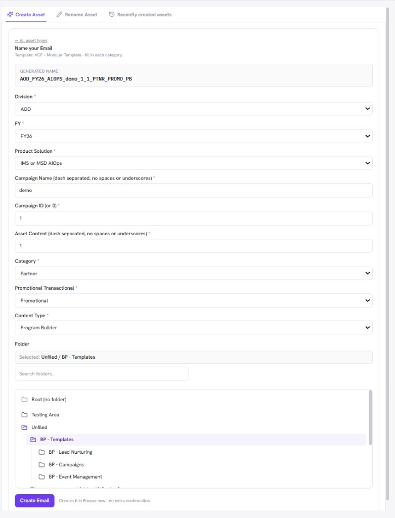 Name your Email form with the generated name, filled segments, selected folder, and Create Email