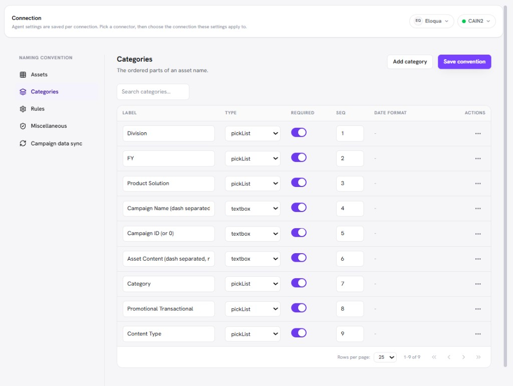 Naming settings Categories tab with a connection selected and picklist and textbox segments