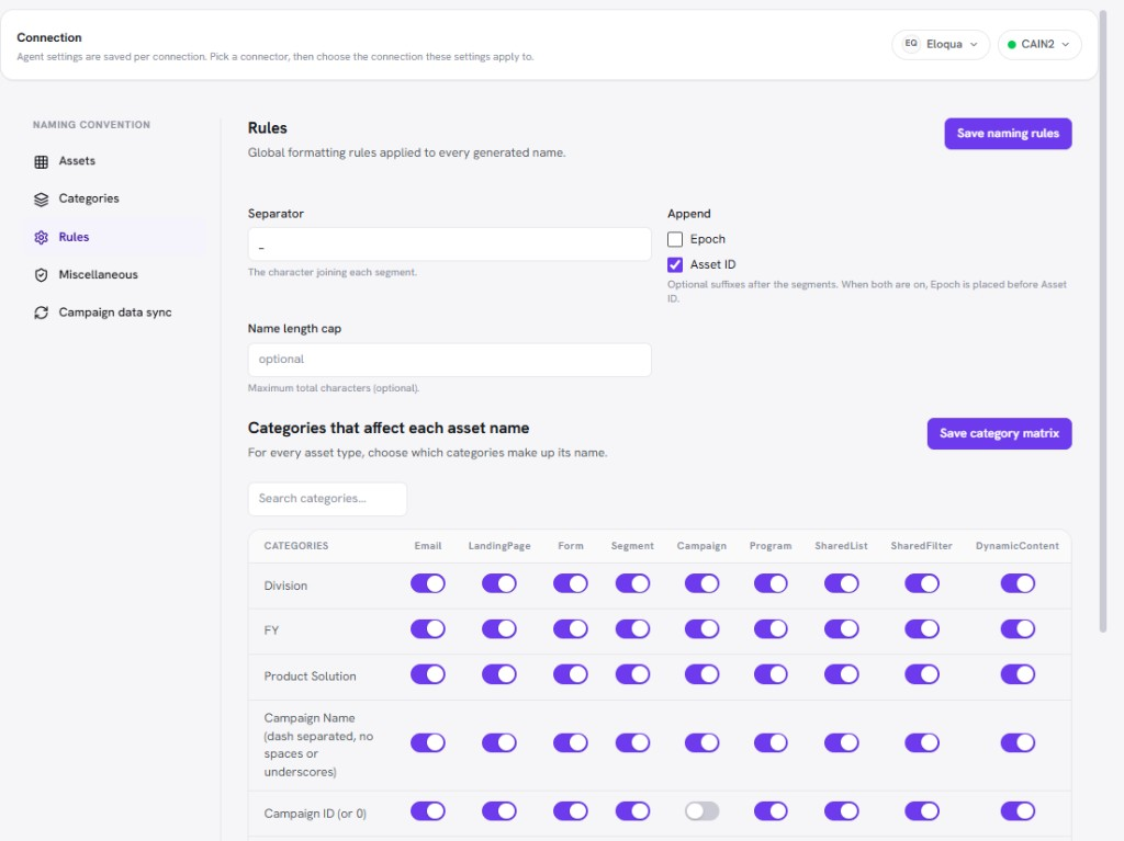 Naming settings Rules tab with separator, Asset ID append, name length cap, and the category matrix