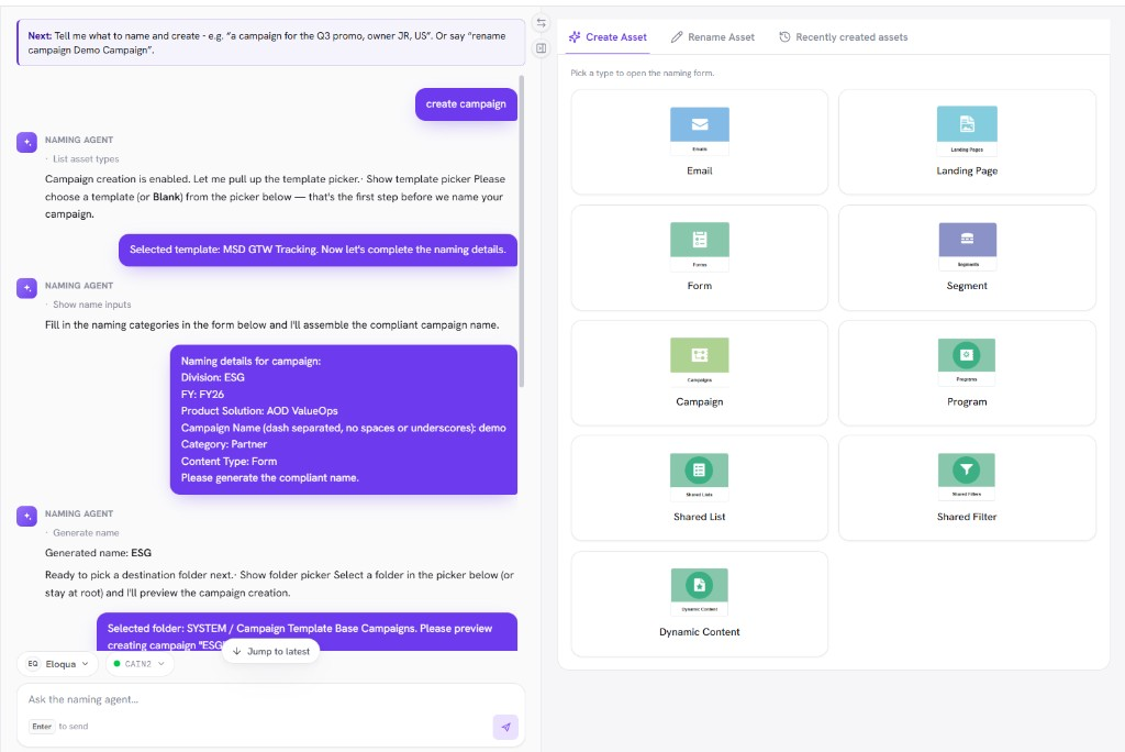 Naming workspace with chat on the left and the Create Asset type picker on the right