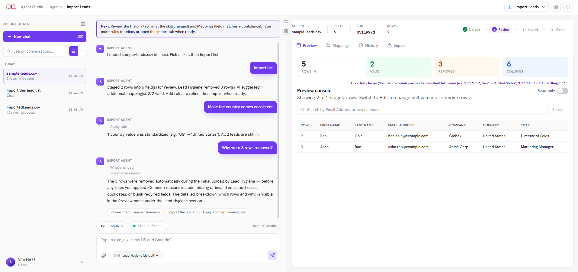 An agent workspace with chat on the left and results on the right