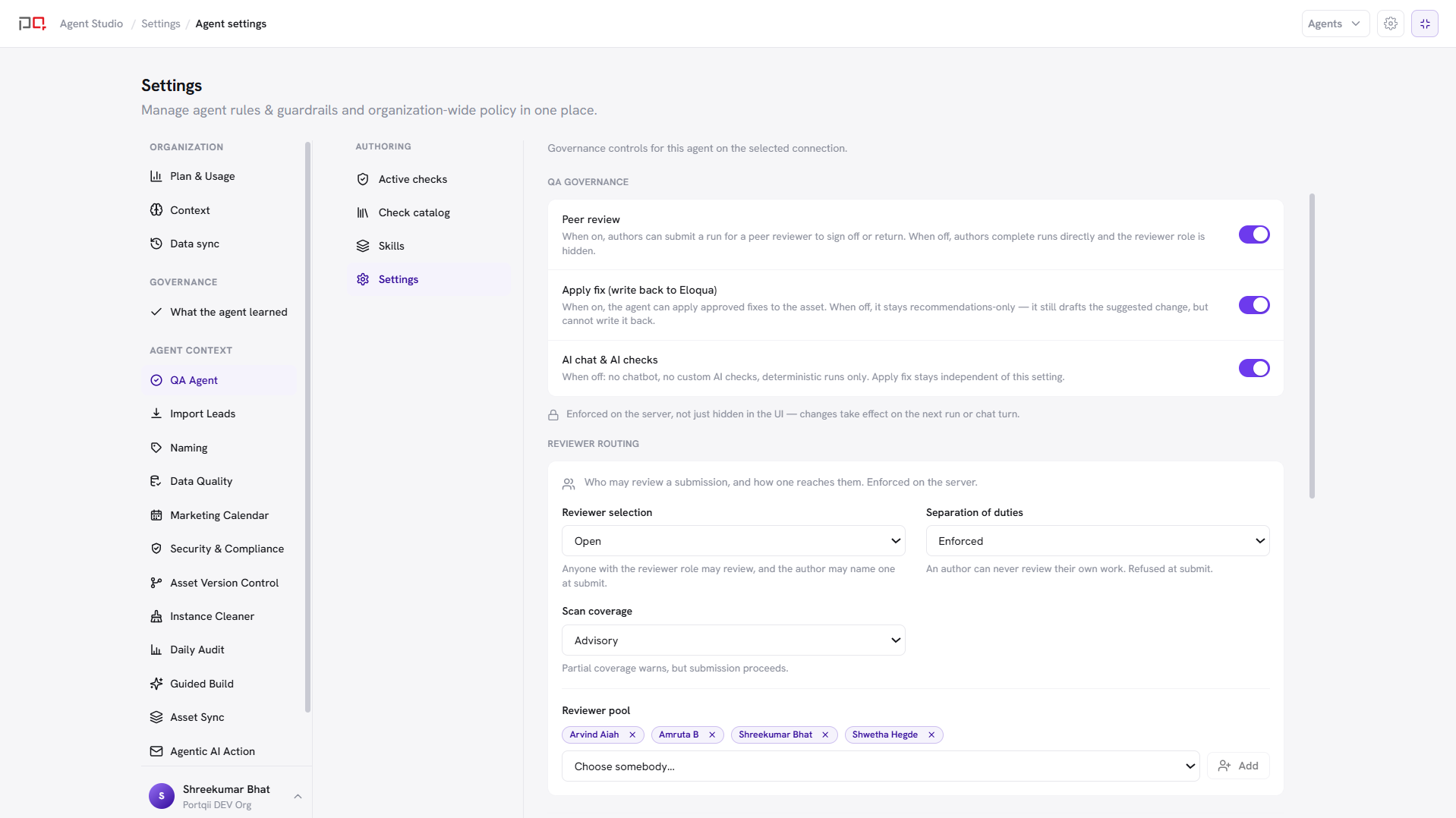 QA settings governance toggles