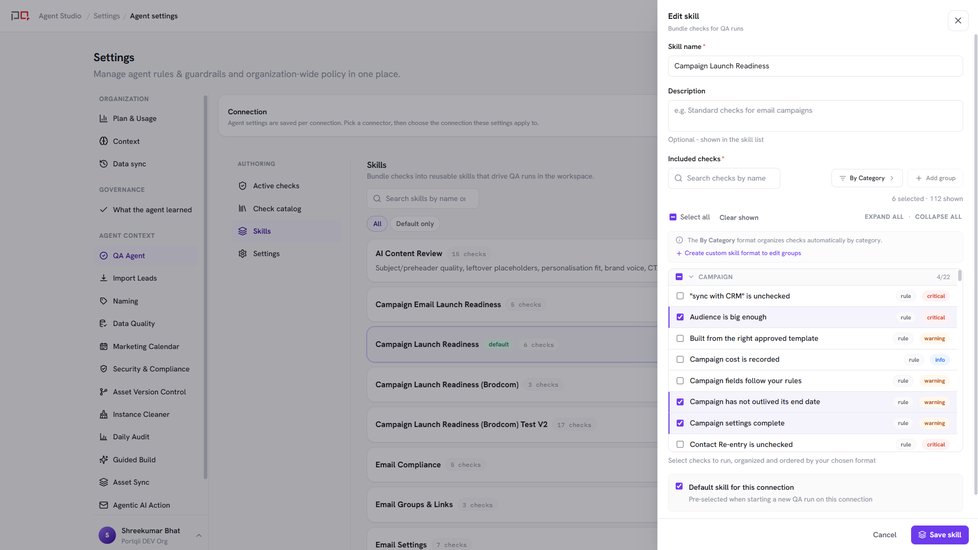 QA settings Skills tab with profiles for the selected connection