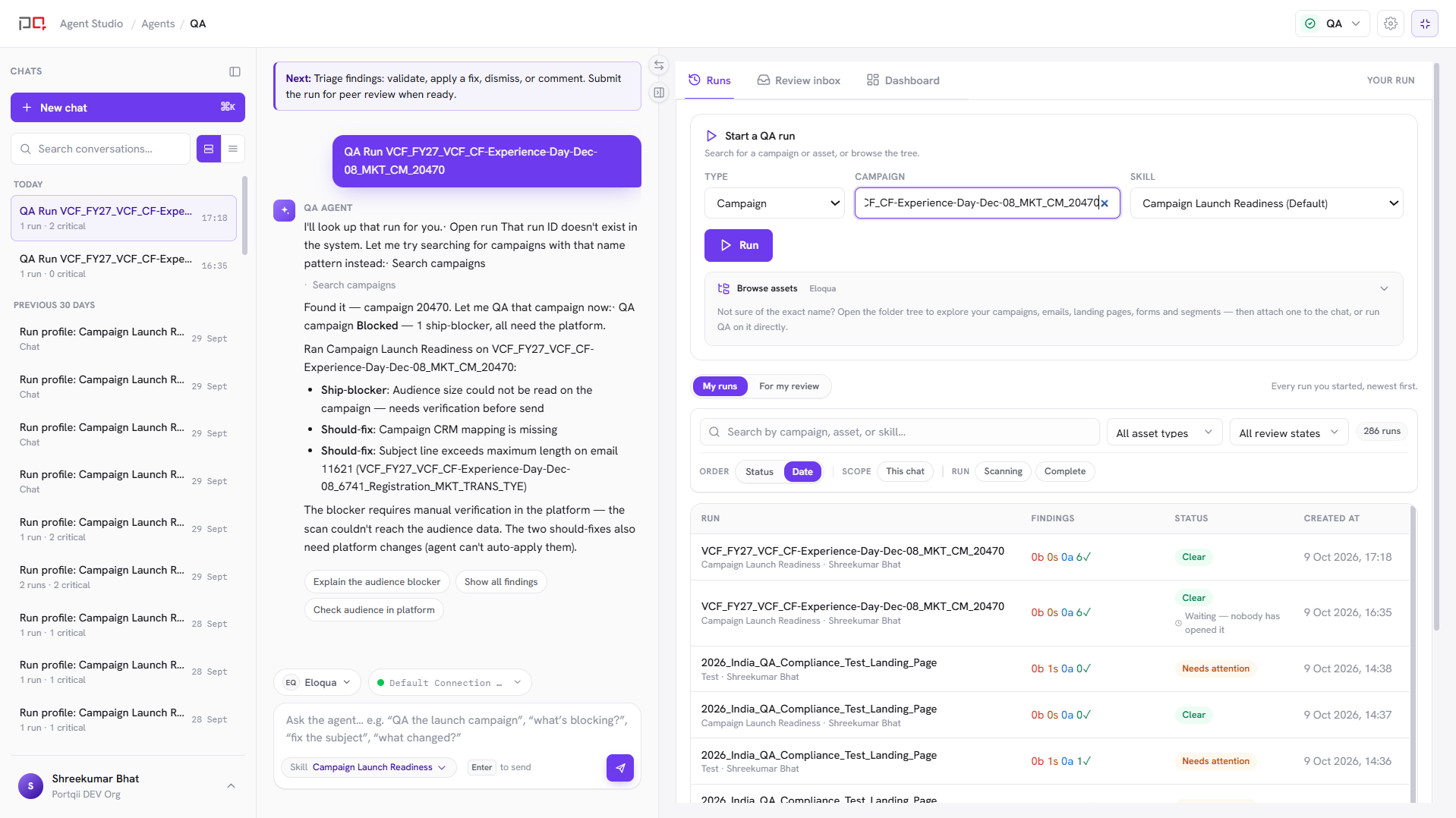 QA workspace with chat on the left and the run panel on the right