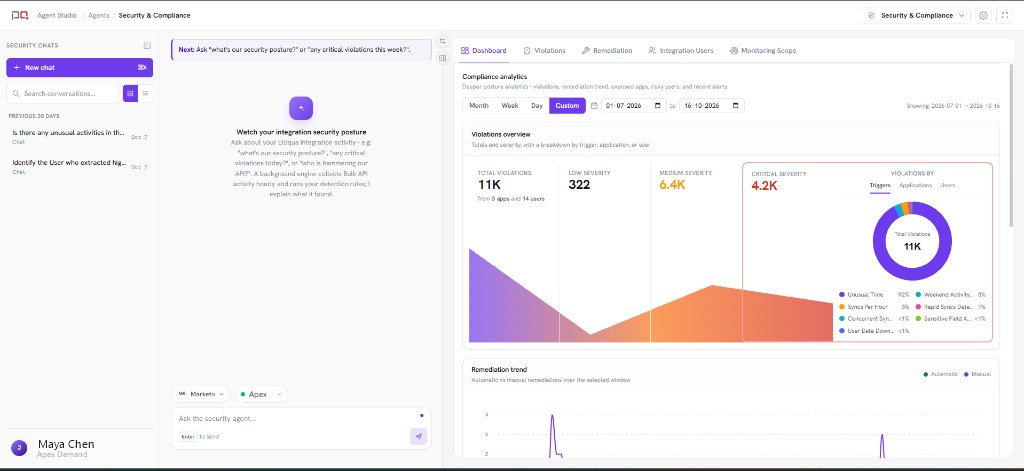 Security and Compliance workspace with chat on the left and the Dashboard tab in the panel