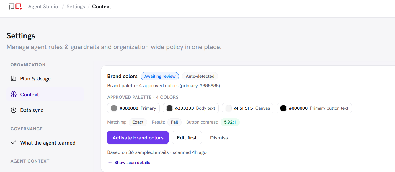 A Brand colors suggestion with four approved colors, and the Activate, Edit first and Dismiss buttons