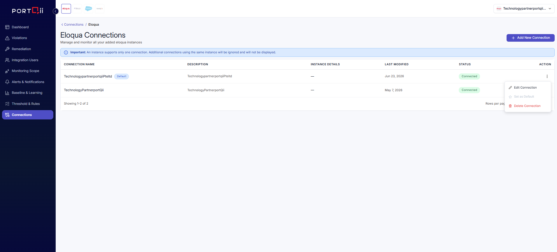 Connections list with edit, default, and delete actions