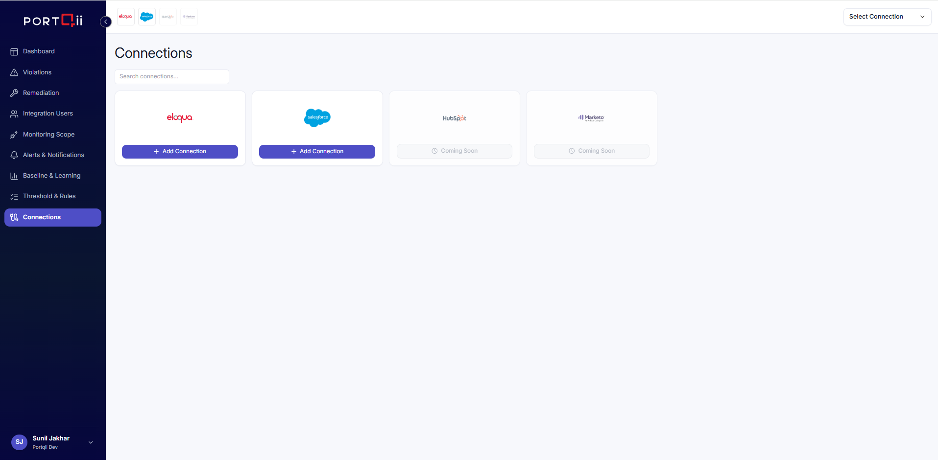 Connections page showing available platforms