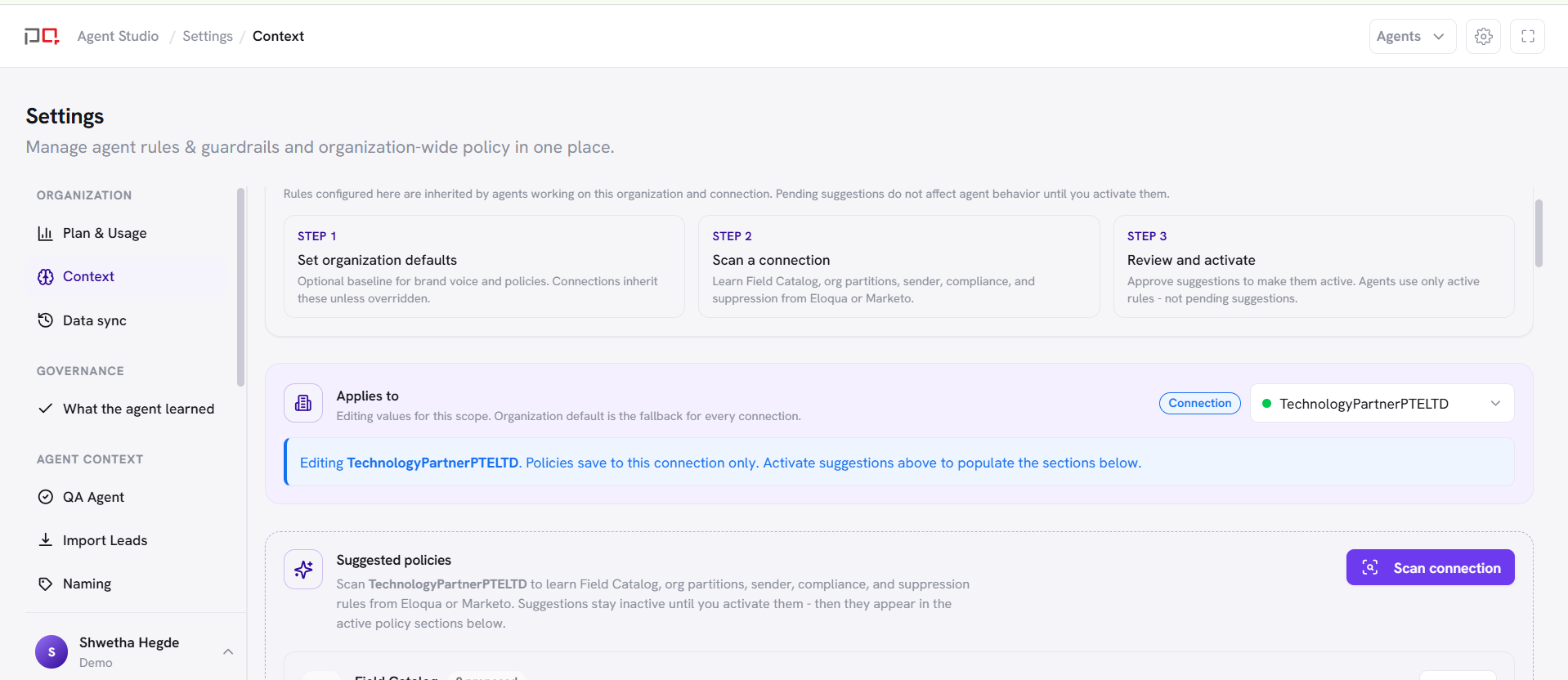 Context settings screen with organization defaults and a connection selected