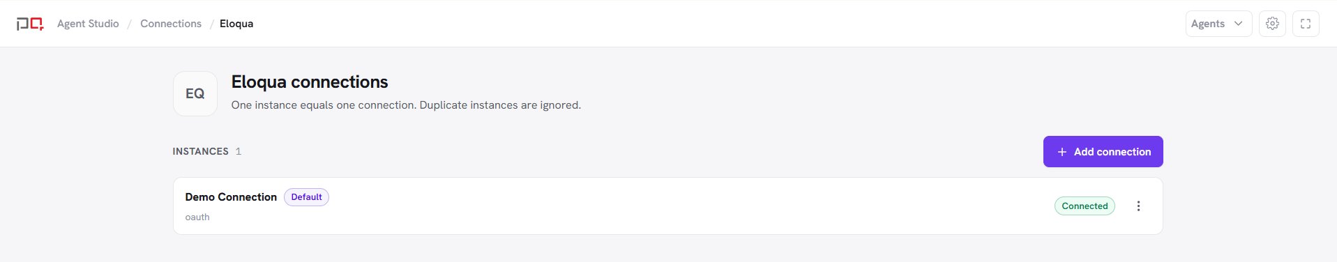 Eloqua instances page with a connected default connection