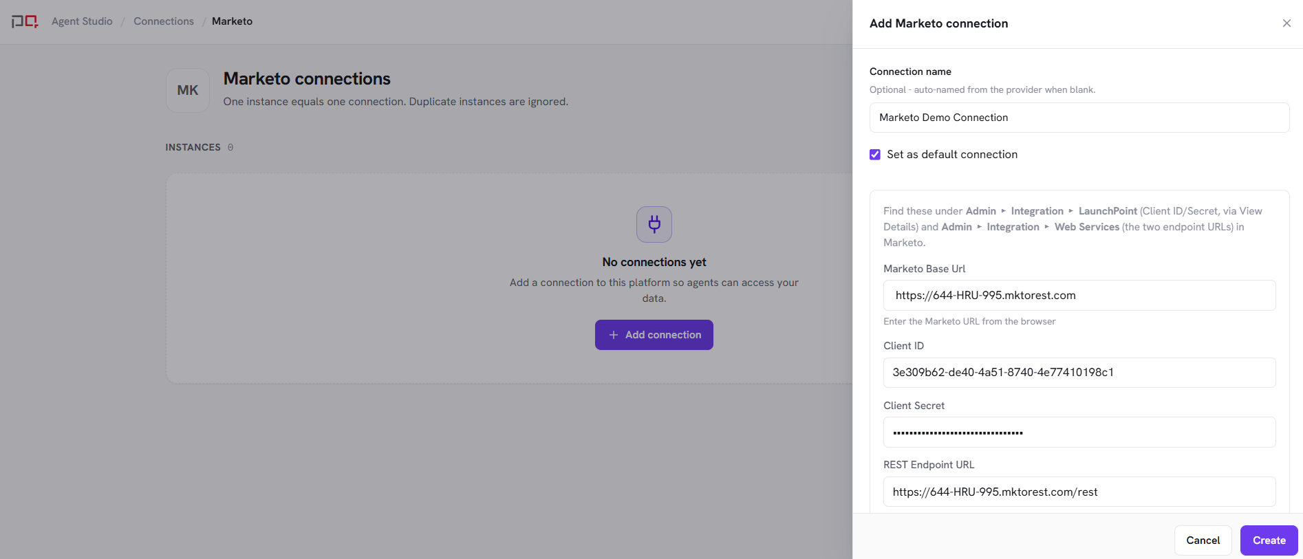 Marketo connection form