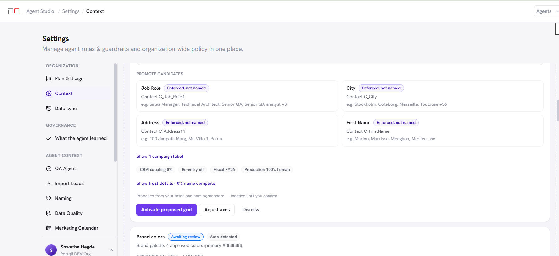 Scan suggestions for Org segmentation and Brand colors, each waiting for you to activate, adjust or dismiss